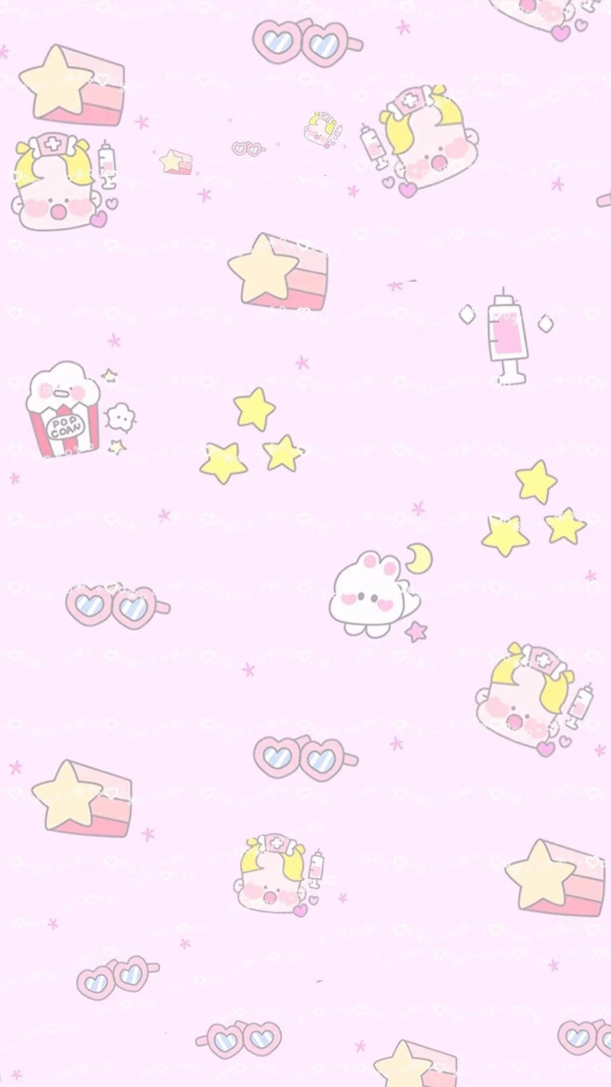 粉嫩可愛 iPad 壁紙 — 柔軟背景上散落著可愛卡通角色、星星和爆谷的粉紅色牆紙。