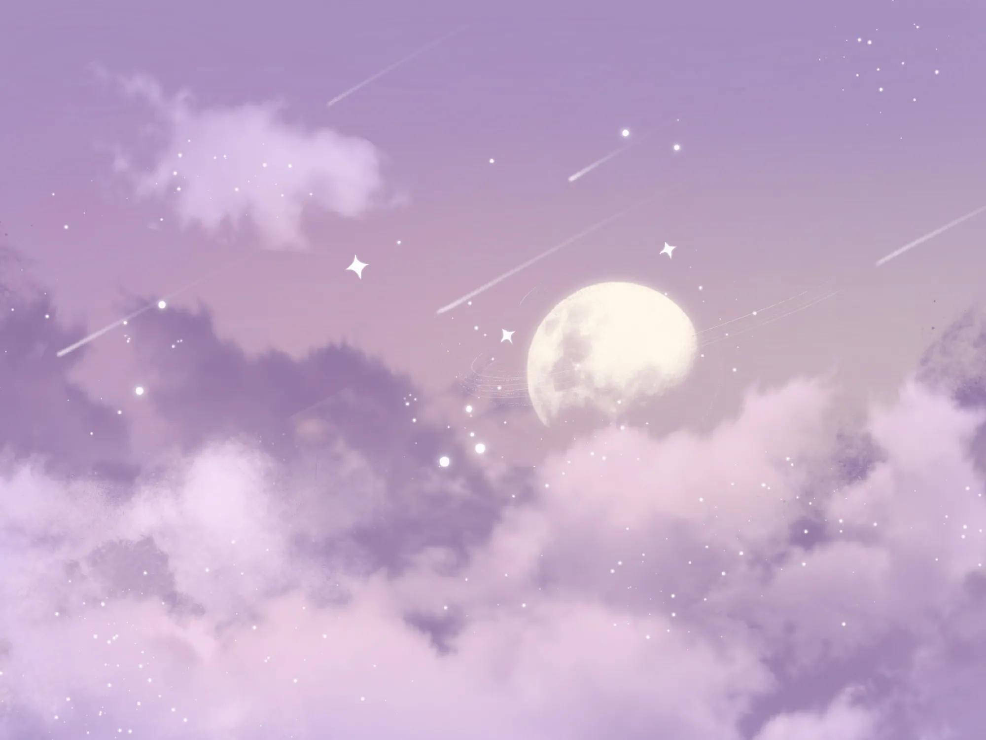 星夜夢幻 iPad 壁紙 — 夢幻的紫色天空，充滿蓬鬆的雲朵、星星和流星，圍繞著一輪巨大的滿月閃耀。