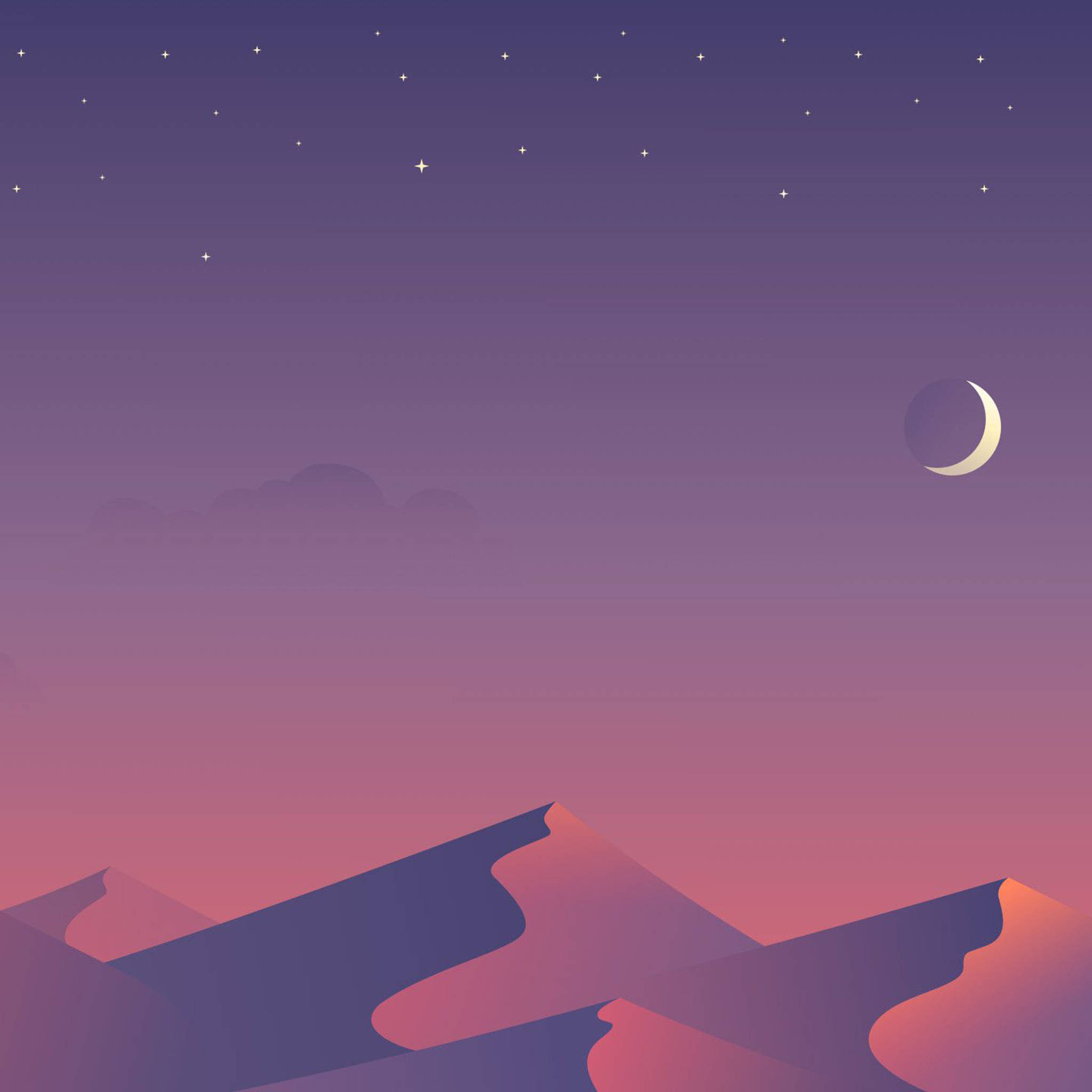美學iPad極簡沙漠 壁紙 — 在暮色天空下，新月和散落的星星映襯著寧靜簡約的沙漠景觀。