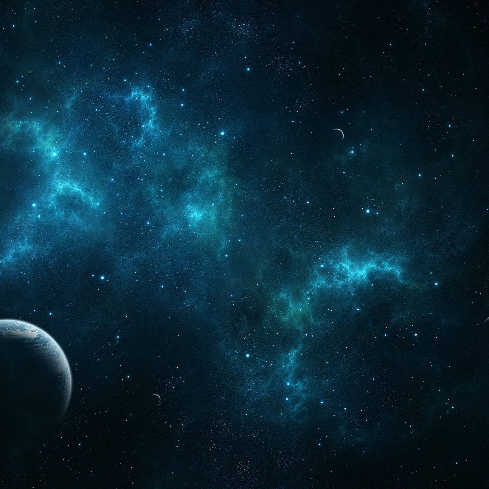 外太空免費iPad壁紙 壁紙 — 一個宇宙景觀，發光的青綠色星雲和遙遠的恆星，以及漂浮在深空中的行星和衛星。