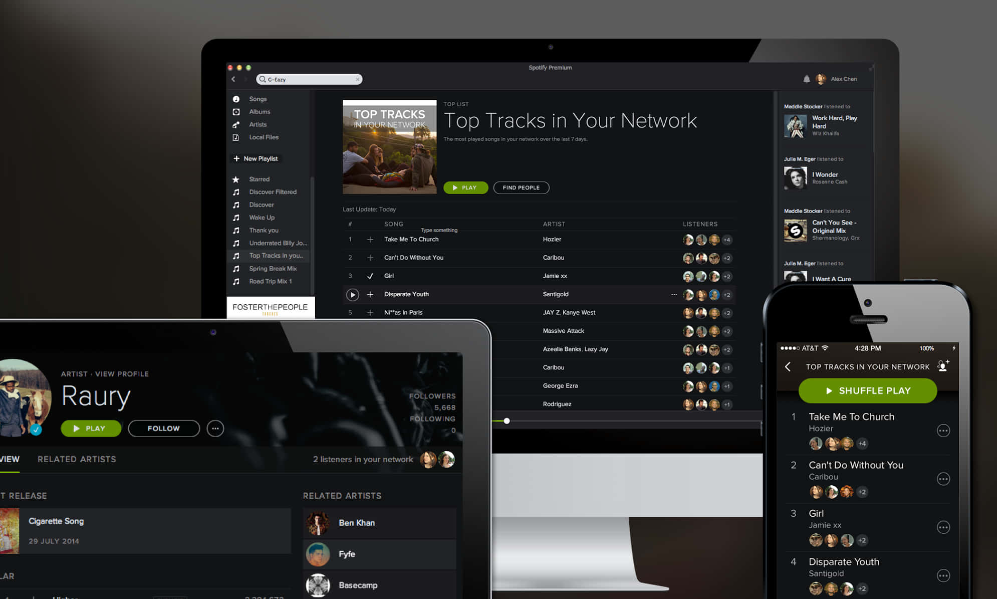 iPad、iPhone、iMac Spotify歌曲圖片 壁紙 — 時尚的桌面筆記型電腦和智能手機顯示器同步顯示 Spotify Premium 介面，以深色主題和綠色播放按鈕顯示網絡中的熱門曲目。