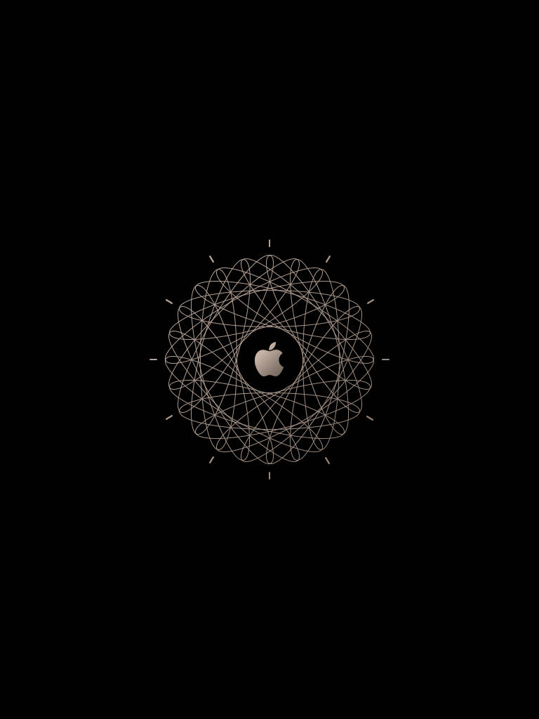 iPad mini Apple 標誌螺旋圖案 壁紙 — 一個極簡金色Apple標誌居中於黑色背景上的複雜幾何曼陀羅內。