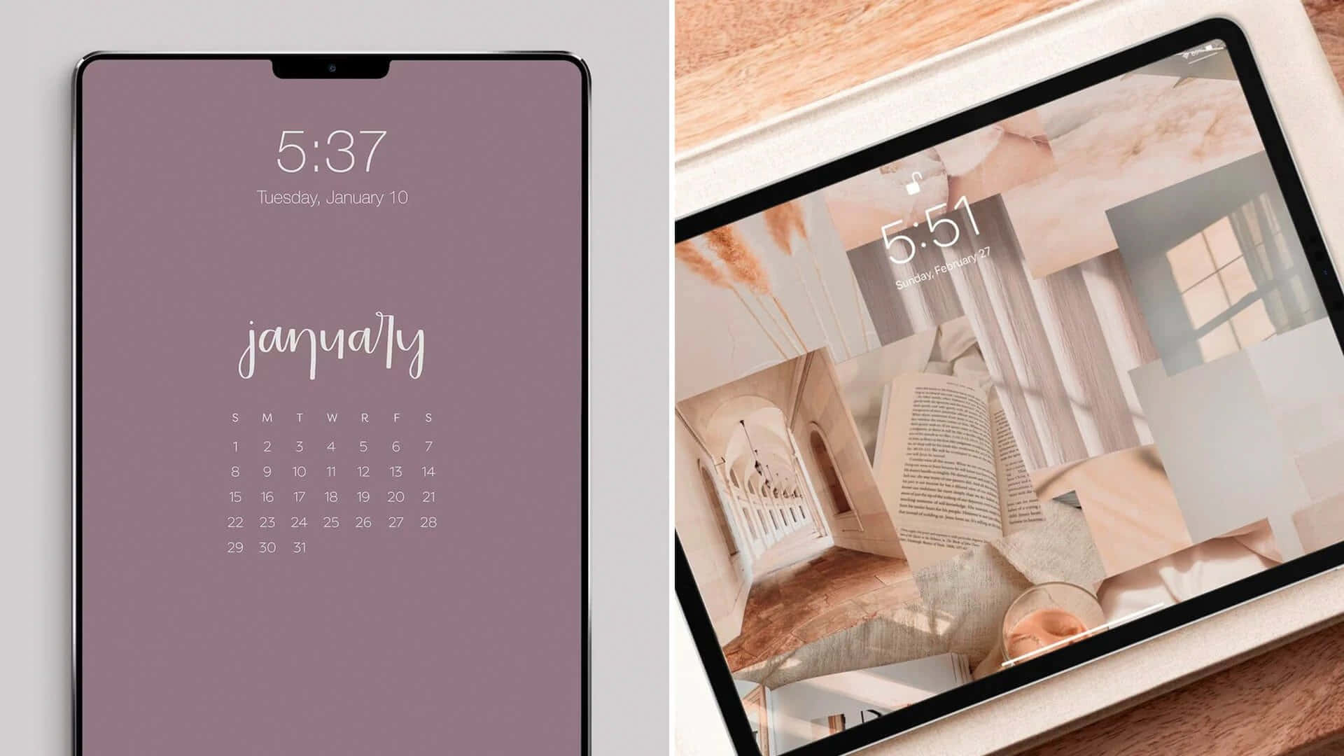iPad 的可能性無限 壁紙 — 兩部平板電腦顯示極簡風格壁紙，一部帶有薰衣草色日曆，另一部帶有暖色調的書籍與建築拼貼。