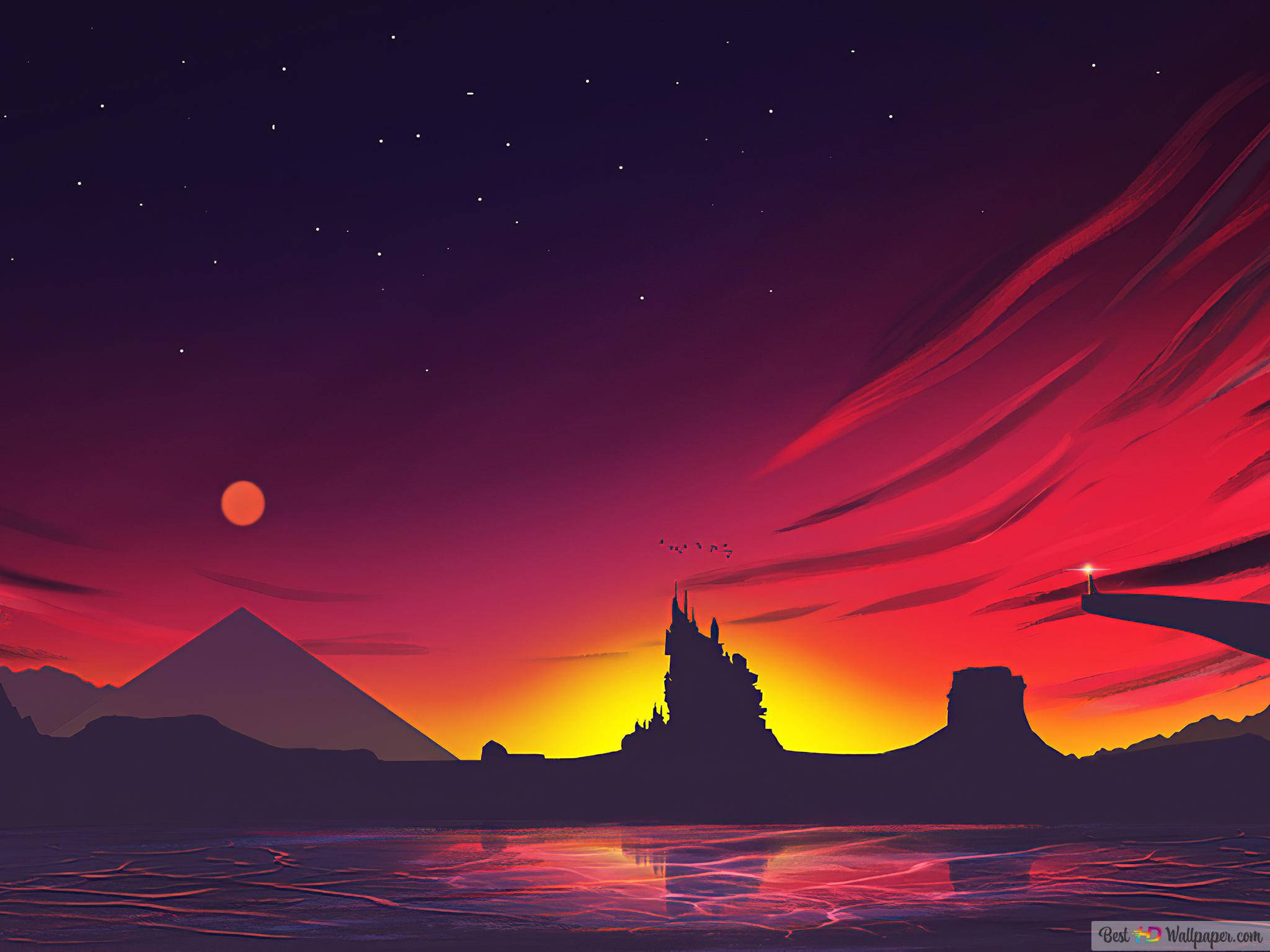 iPad Pro 12.9 日落風景藝術圖 壁紙 — 日落時分的數碼藝術風景，城堡剪影、金字塔和發光的天空倒映在水中。