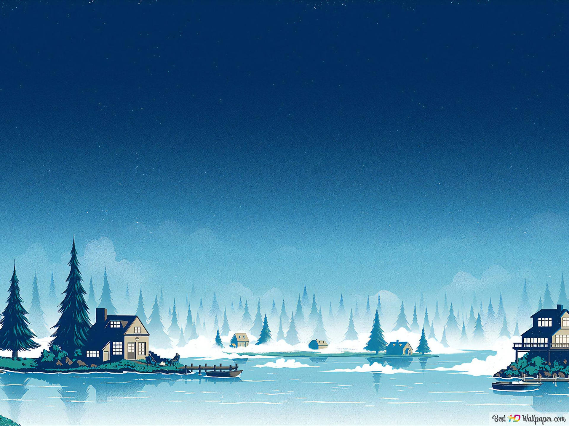 星空冬夜下，松樹旁白雪覆蓋的湖邊房屋。