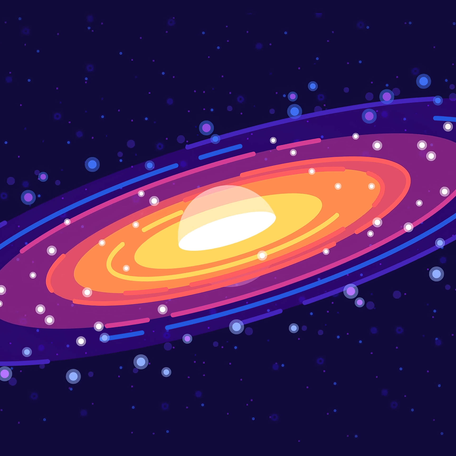 一個色彩繽紛的卡通星系，在深空中帶有發光的環和星星。