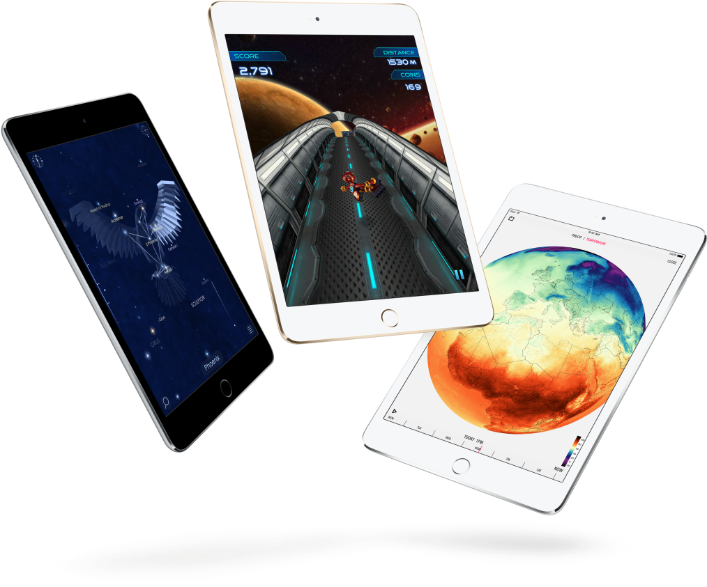 iPad Pro 機型展示應用程式 壁紙 — 三塊平板電腦漂浮在黑色背景上，顯示太空應用程式：星座圖、火箭遊戲和火星地形。