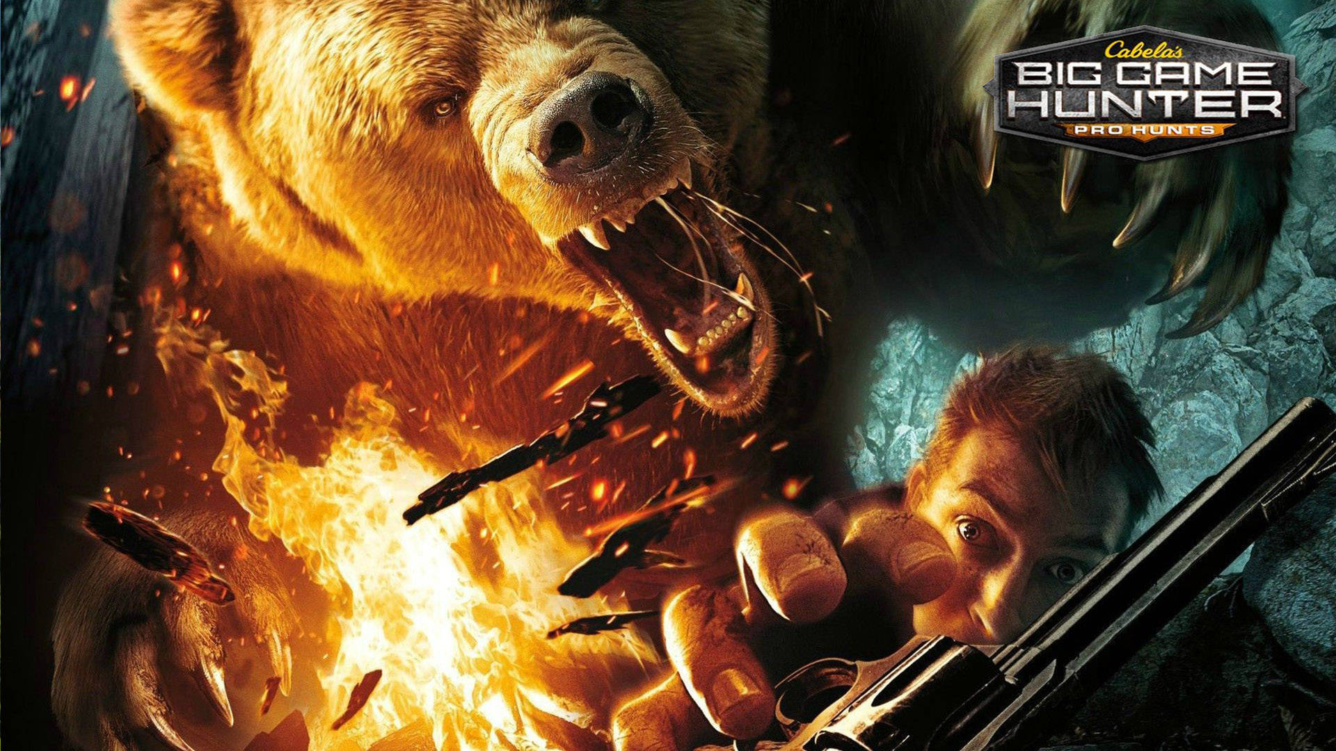 iPad Pro《Cabela's Big Game Hunter: Pro Hunts》熊追捕男子 壁紙 — 一個持左輪手槍的男人面對一頭被火焰吞噬的咆哮熊，周圍有飛舞的子彈和火花。