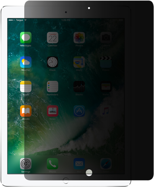 帶智能保護套的iPad Pro 壁紙 — 一部平板電腦，螢幕上顯示綠色和藍色的海洋波浪桌布，並顯示應用程式圖示。