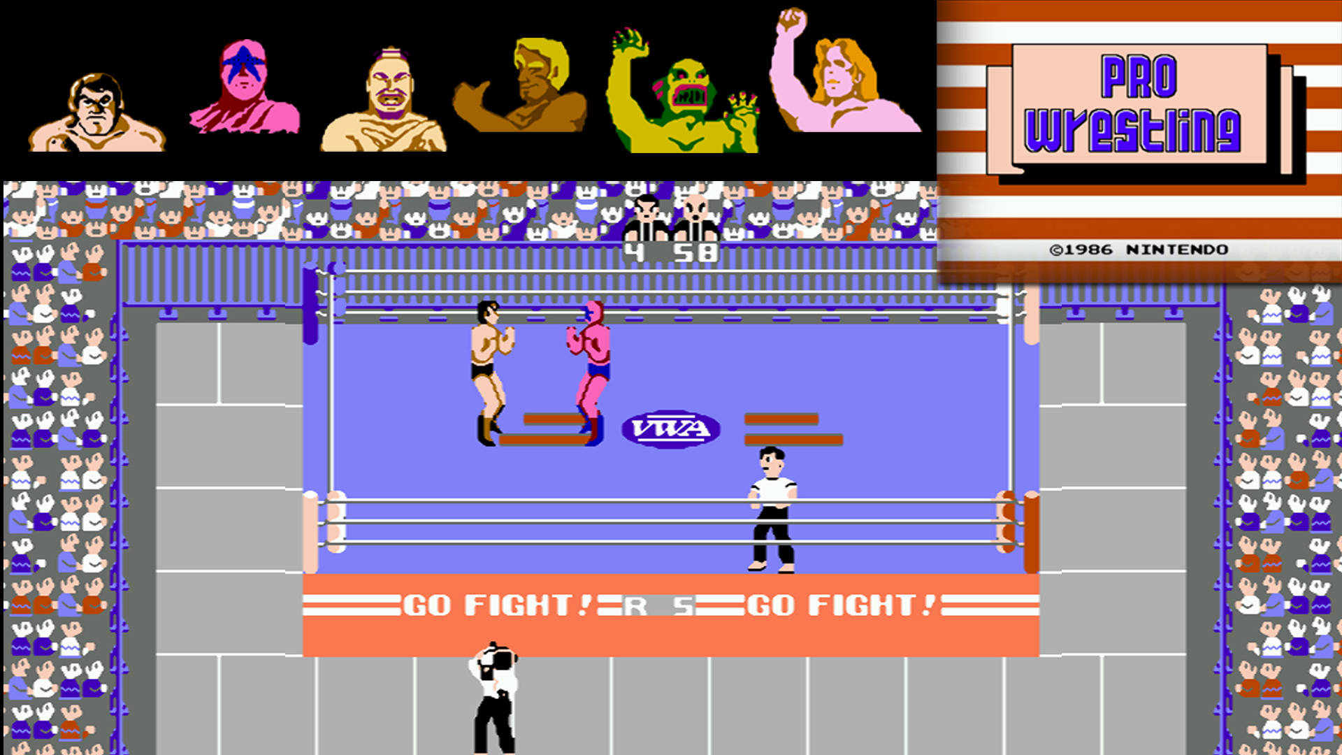 iPad Pro《Pro Wrestling》摔角場景 壁紙 — 像素化職業摔角遊戲場景，兩名摔角手在擂台上，周圍是歡呼的人群，上方有角色肖像。