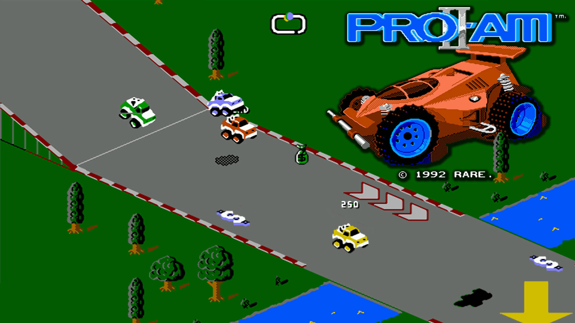 iPad Pro《R.C. Pro-Am II》賽車畫面 壁紙 — 像素賽車遊戲場景，色彩繽紛的怪獸卡車在蜿蜒的賽道上，周圍環繞著綠樹和藍水。
