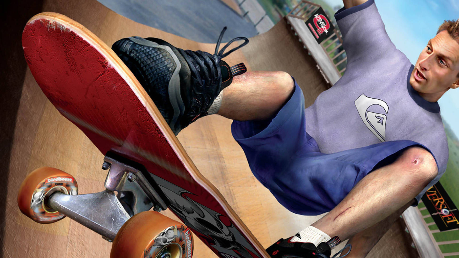 iPad Pro《Tony Hawk's Pro Skater 3》Tony Hawk空中滑行特寫 壁紙 — 滑板手在半空中於斜坡上表演技巧，使用紅色滑板和橙色輪子。