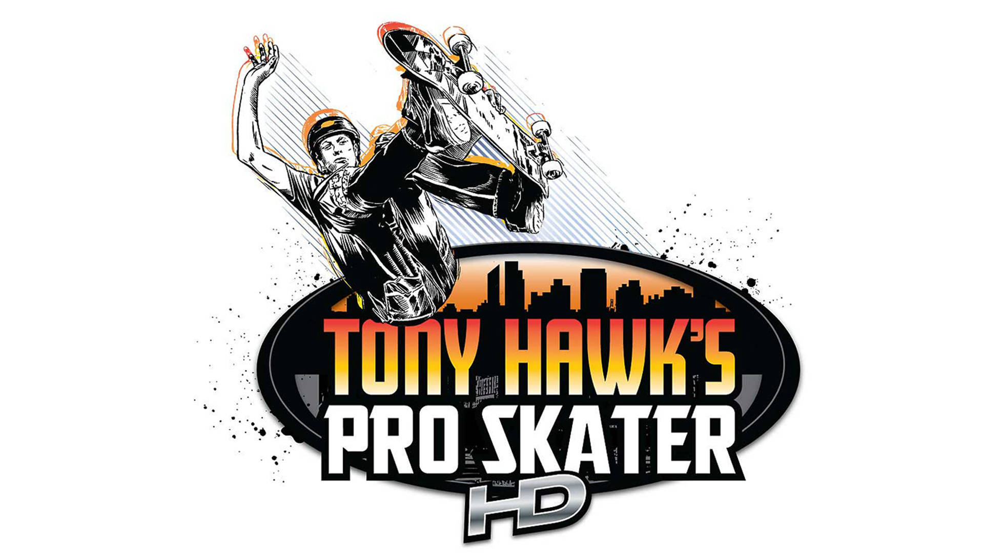 iPad Pro《Tony Hawk's Pro Skater HD》標誌 壁紙 — 一個動態插圖風格的滑板手在半空中於城市天際線上方表演技巧，用於遊戲標誌。