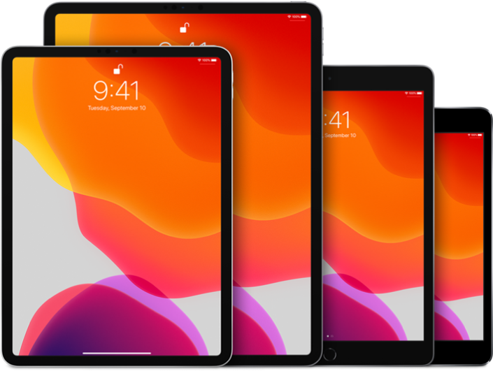 iPad Pro 系列尺寸展示 壁紙 — 四部平板電腦顯示一幅充滿活力的抽象壁紙，白色背景上有流動的橙色、粉紅色和紫色形狀。