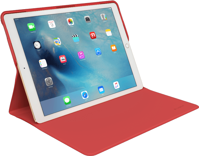 配紅色智慧保護套的 iPad Pro 壁紙 — 一部紅色平板電腦放在相配的保護套中，打開靠在黑色背景上，在藍色抽象桌布上顯示色彩繽紛的應用程式圖示。