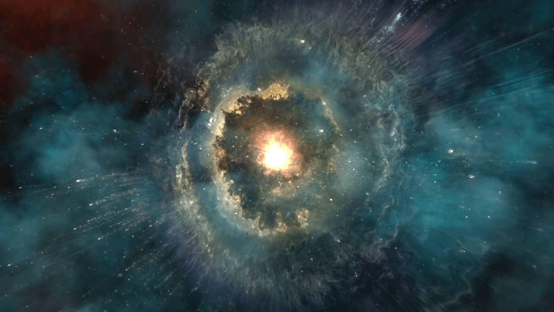 iPad Pro 星爆夜空 壁紙 — 一個發光的宇宙星雲，帶有旋轉的藍綠色和金黃色氣體，從明亮的中心核心向星場輻射。