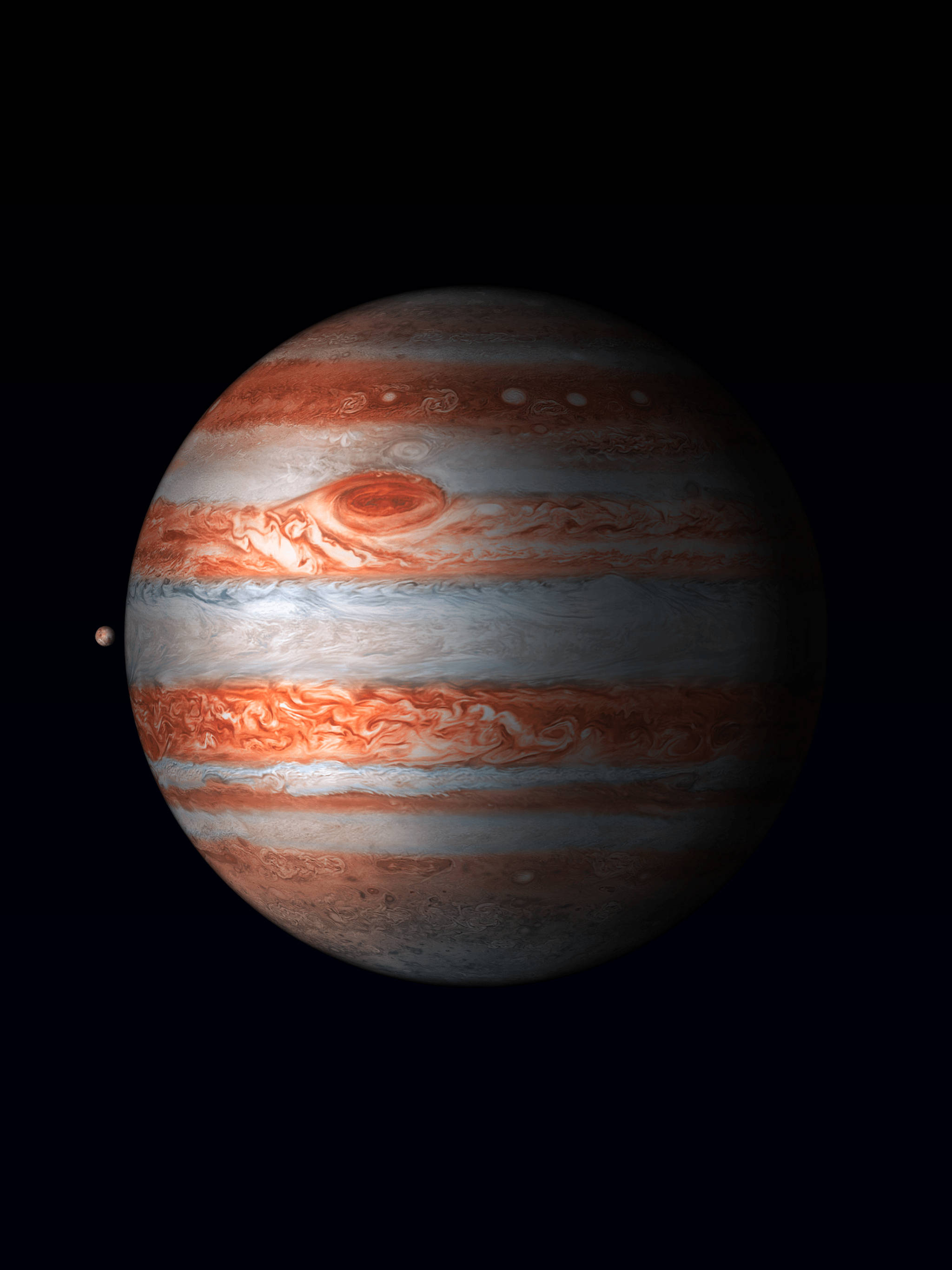 iPad Pro 木星深空 壁紙 — 木星主宰虛空，中心有旋轉的橙色和白色條紋以及一個巨大的紅色風暴。