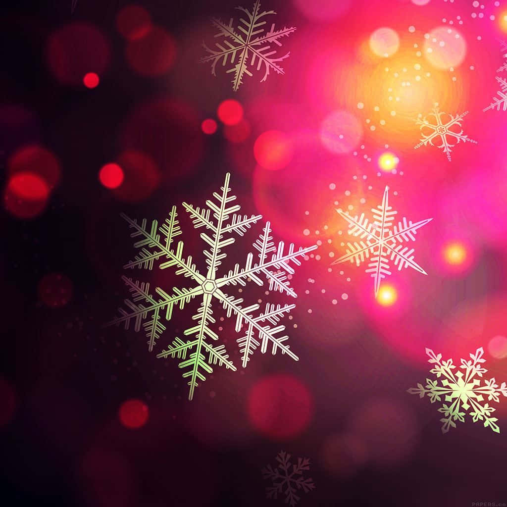 iPad 簡約聖誕主題 壁紙 — 冰冷的雪花在紅色、粉紅色和金色燈光的鮮豔散景背景下閃耀。