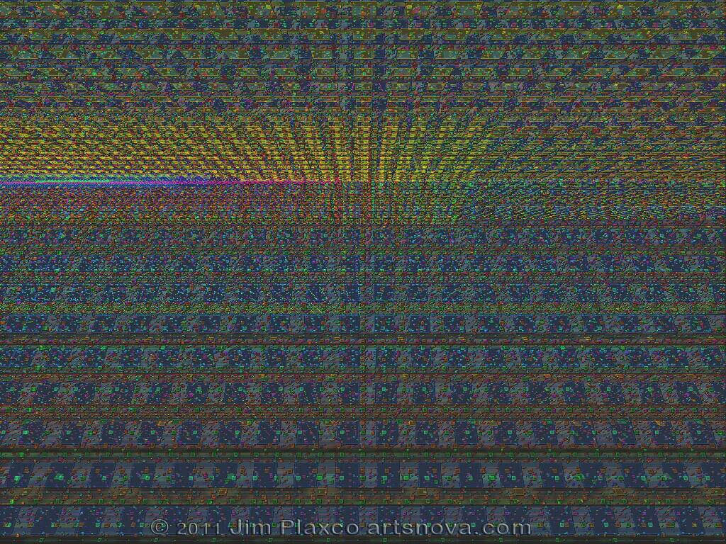數碼抽象藝術作品，在深藍色紋理背景上帶有發光黃色射線。
