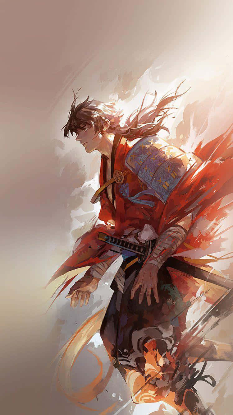 以 iPhone 11 紅色版釋放你的遊戲魂 壁紙 — 一位身穿紅色盔甲的動感動漫武士戰士，拔劍向前躍進，背景柔和發光。