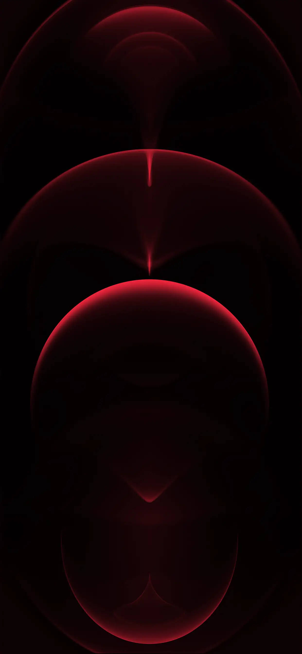 iPhone 11 Pro紅色圓圈 壁紙 — 鮮豔的紅色發光球體垂直漂浮在深黑色背景上，形成對稱的抽象圖案。