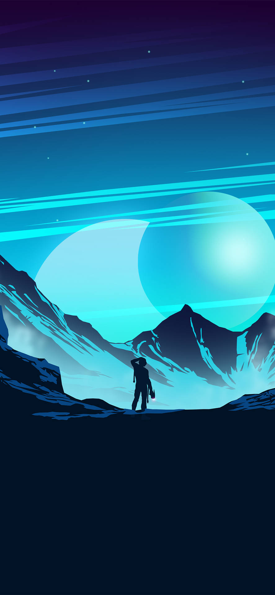 一個人在山上剪影，看著星空中的兩顆發光月亮。