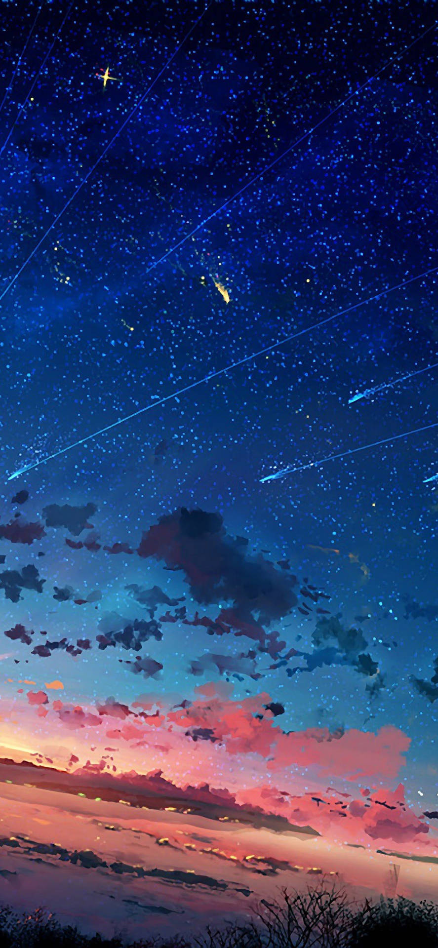 色彩繽紛的黃昏天空，有流星和雲朵。