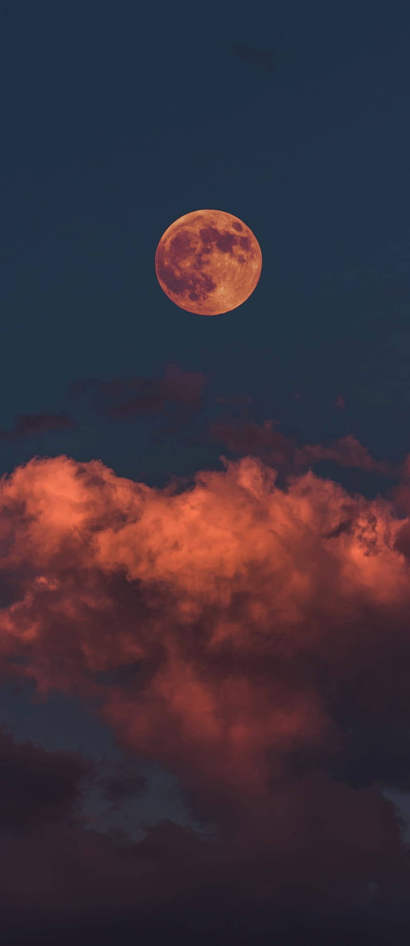 一輪滿月橙色的月亮照亮了黑暗夜空中的紅色雲層。