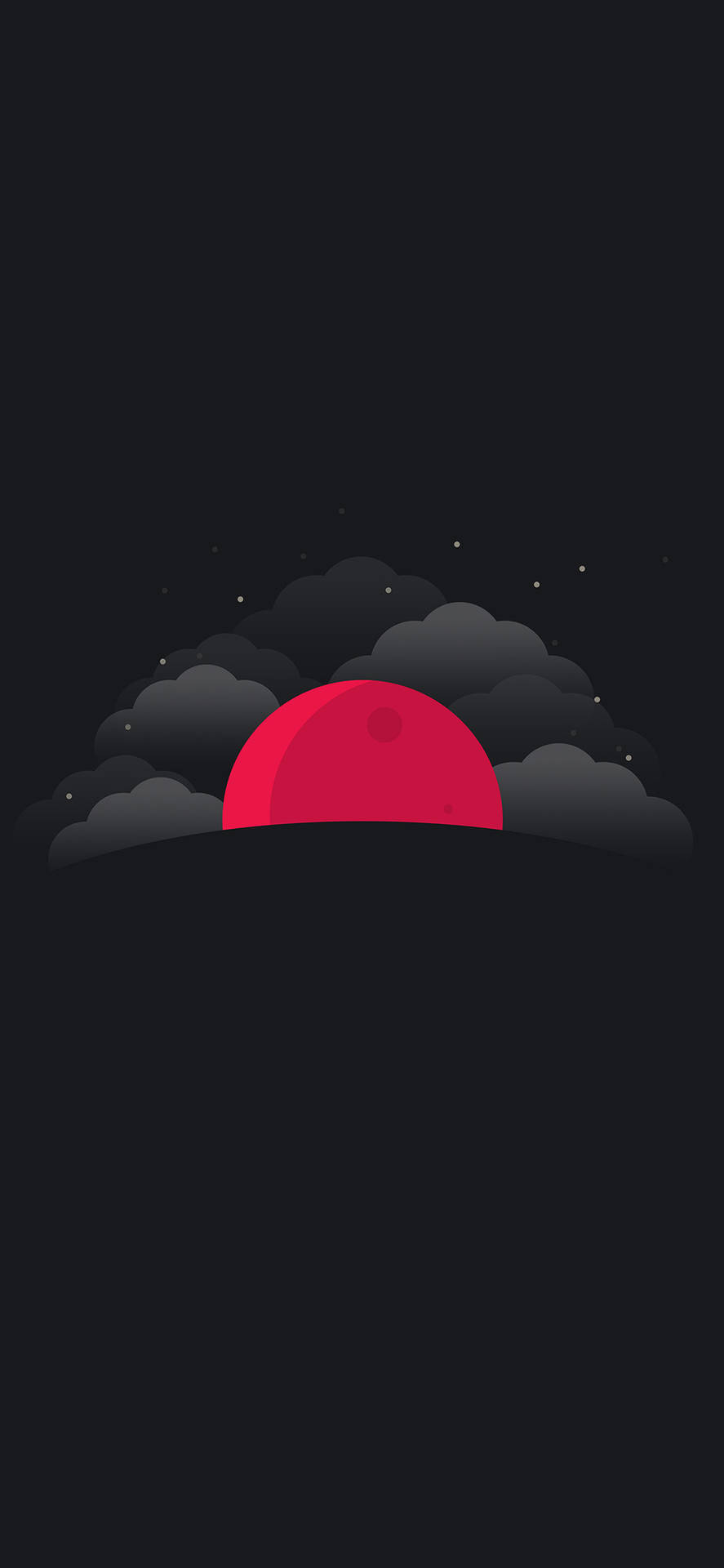 iPhone 11 Pro 紅月昇起 壁紙 — 一輪極簡的紅日從黑暗的雲層後升起，背景是繁星點點的夜空。