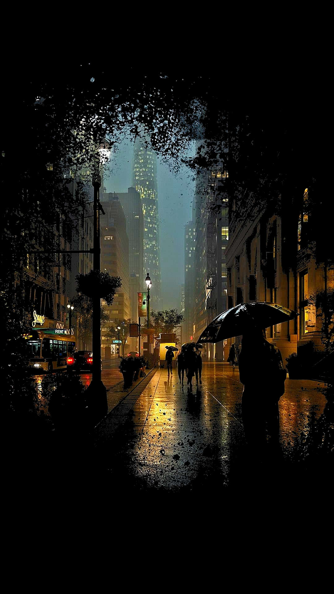 iPhone 11 Pro 黑色款 壁紙 —  silhouetted 人物撐著雨傘在夜晚的雨濕城市街道上行走，被溫暖的路燈和發光的摩天大樓照亮。