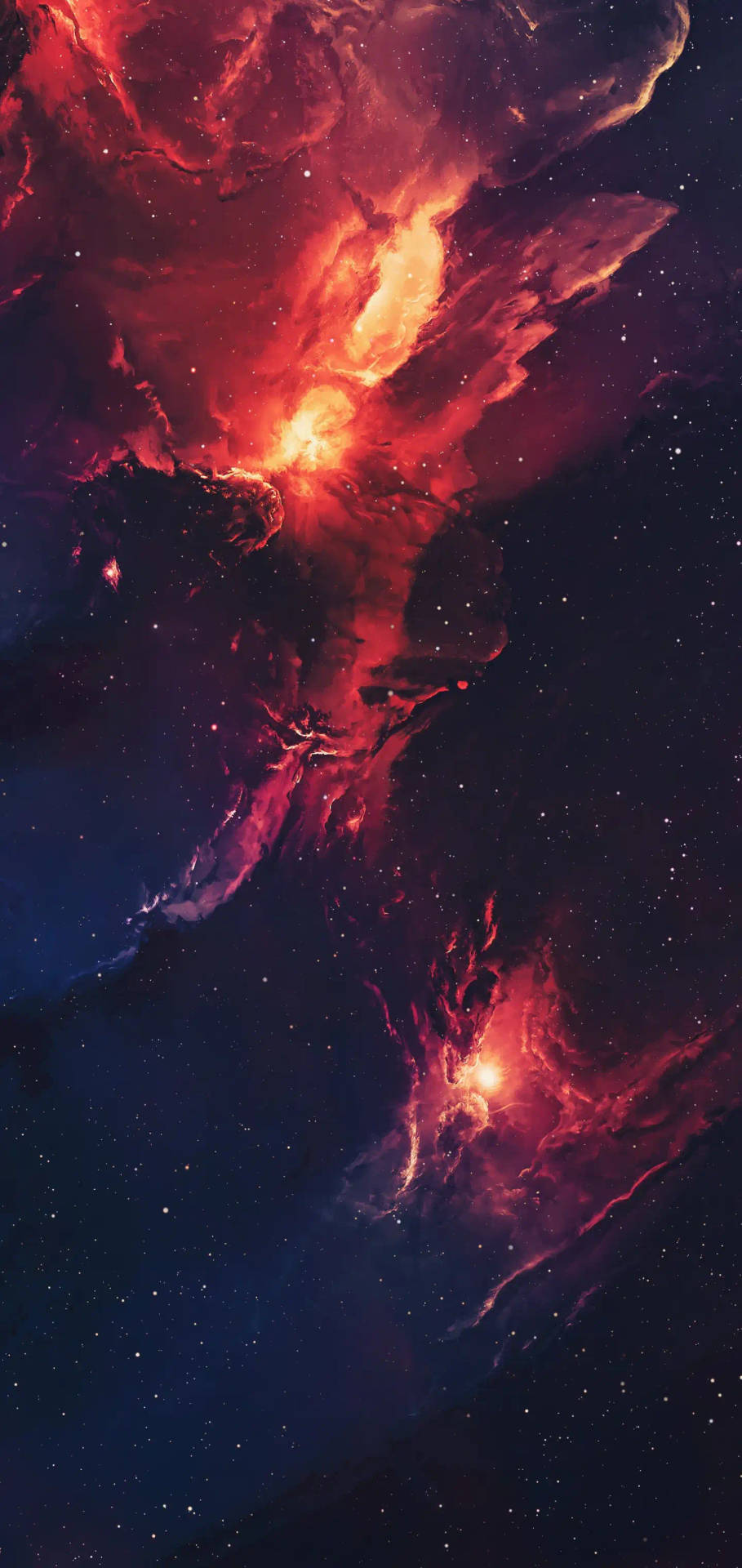 在深空中發光的鮮豔紅色和橙色星雲，散佈著星星。