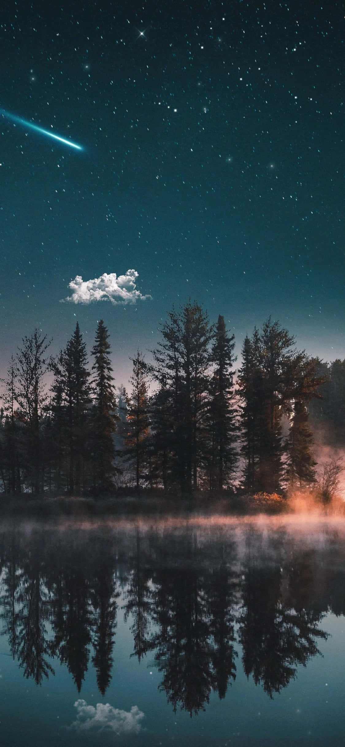 森林樹木與天空映照在霧氣水面上，星空下有一顆彗星。
