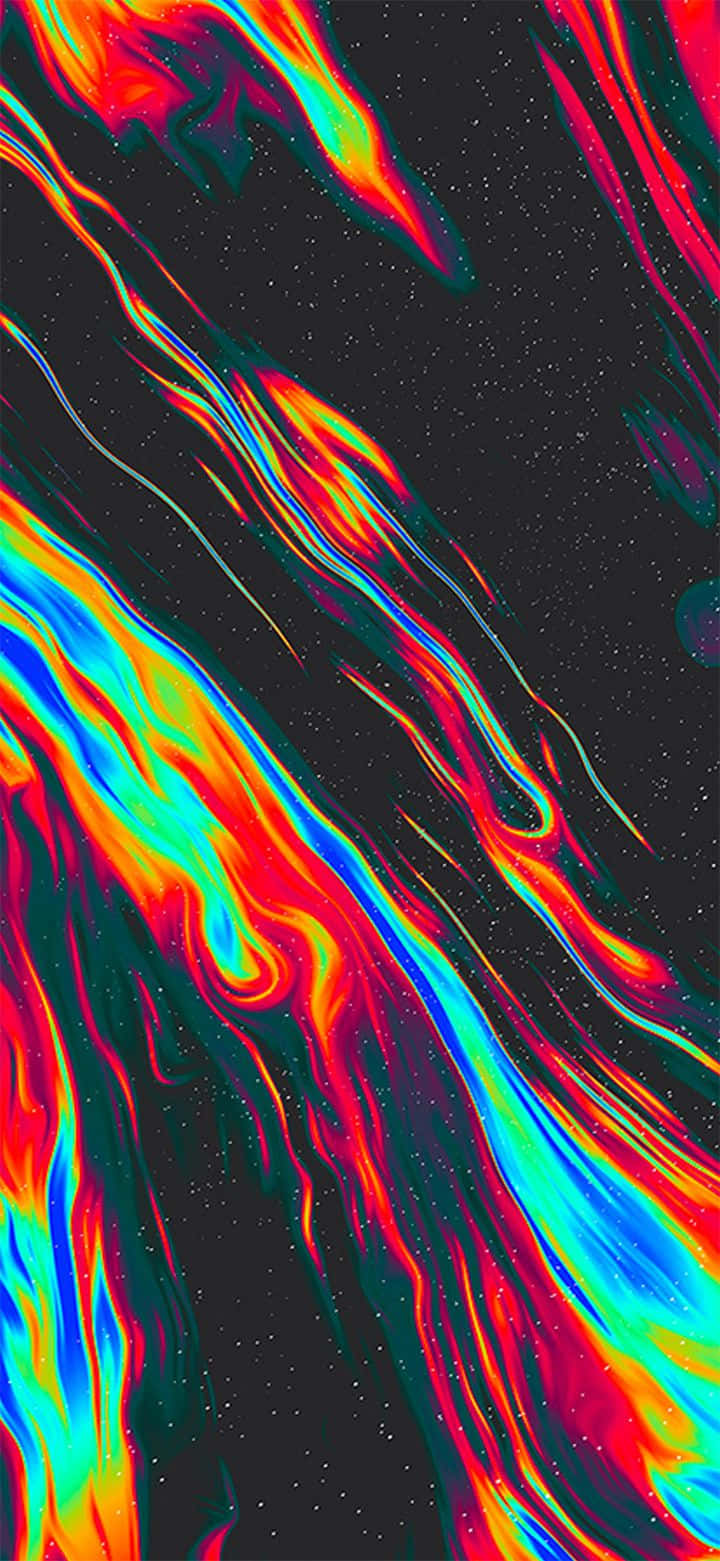 iPhone 11 呈現的璀璨夜景摩天大樓 壁紙 — 充滿活力的霓虹液體在繁星宇宙虛空中以火熱條紋流動，創造出迷幻的數位藝術作品。
