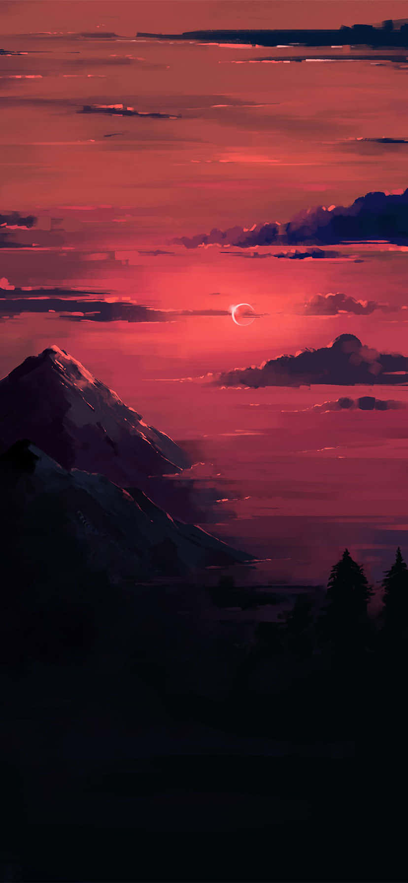 iPhone 11 搭載搶眼的青藍色背景 壁紙 — 在火紅的日落背景下，戲劇性的山脈輪廓，新月穿過雲層閃耀。