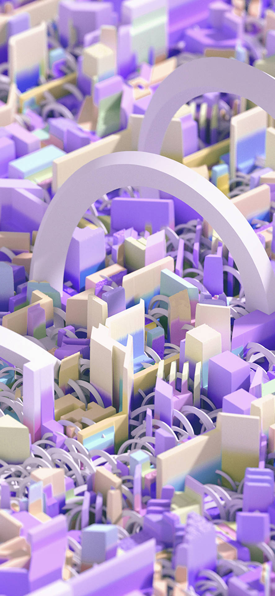 抽象3D渲染城市，帶有粉彩幾何形狀和拱門。