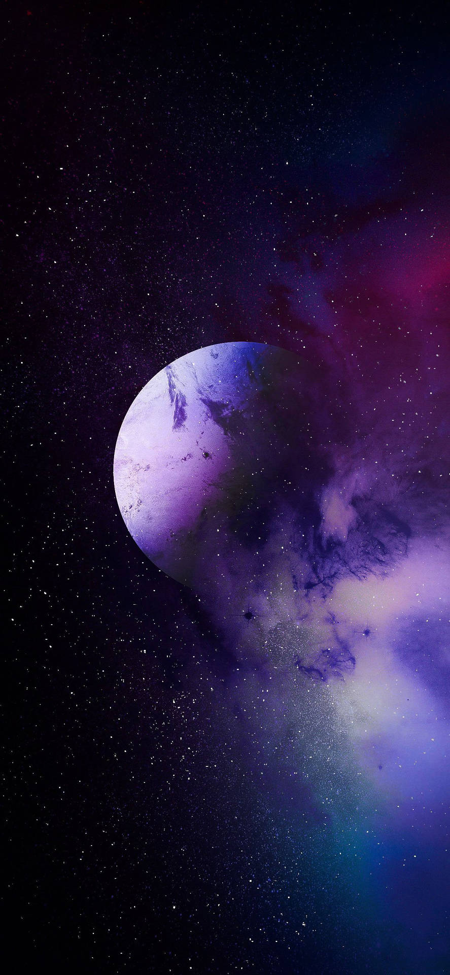 色彩繽紛的宇宙星雲中的紫色行星與星星