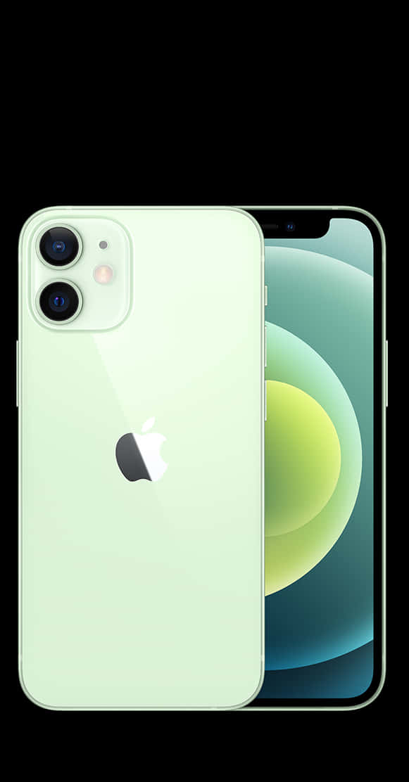 薄荷綠色 iPhone 12 在黑色背景上帶有漸變屏幕壁紙。