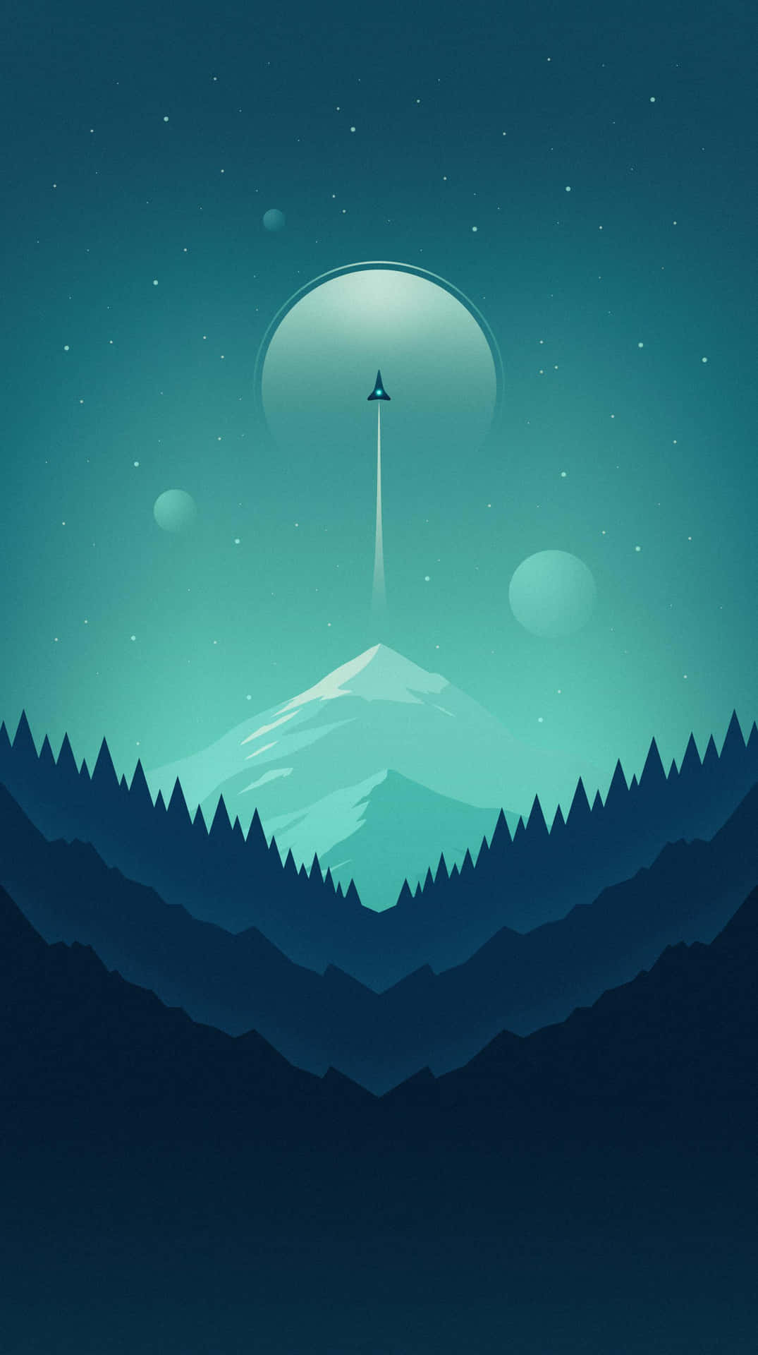 太空船在發光球體和星星下從山頂發射