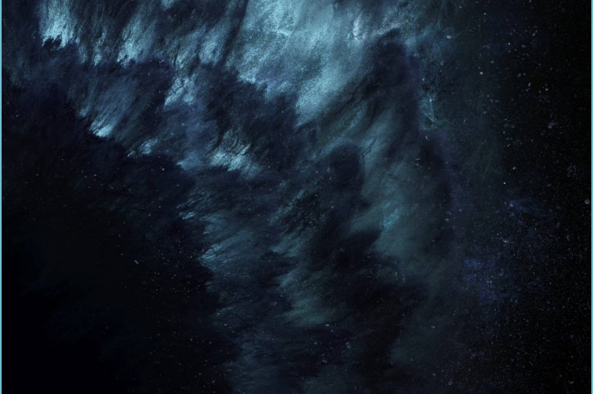 黑暗的宇宙星雲，帶有旋轉的藍色雲團和深空中的遙遠星星。