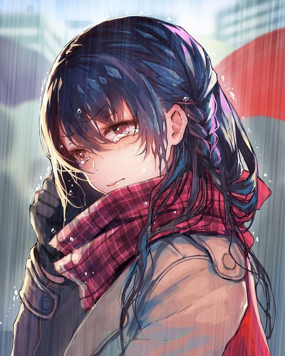 動漫女孩在雨中哭泣，傘下緊握圍巾