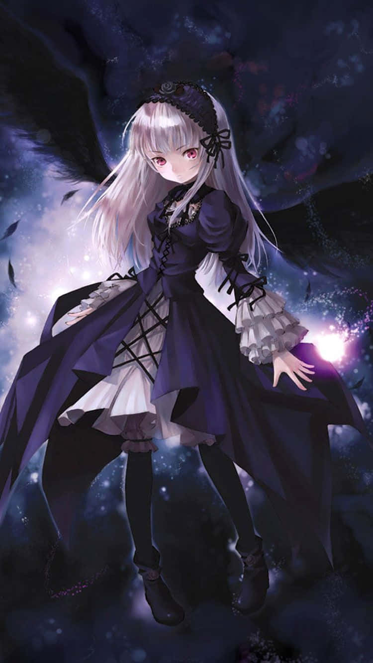 淺色頭髮和深色連衣裙的動漫女孩在宇宙空間中漂浮，伴隨著發光的粒子。