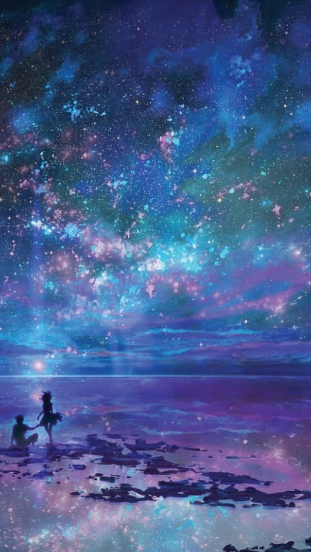 兩個人影映襯著星光燦爛的宇宙天空，倒映在水中。