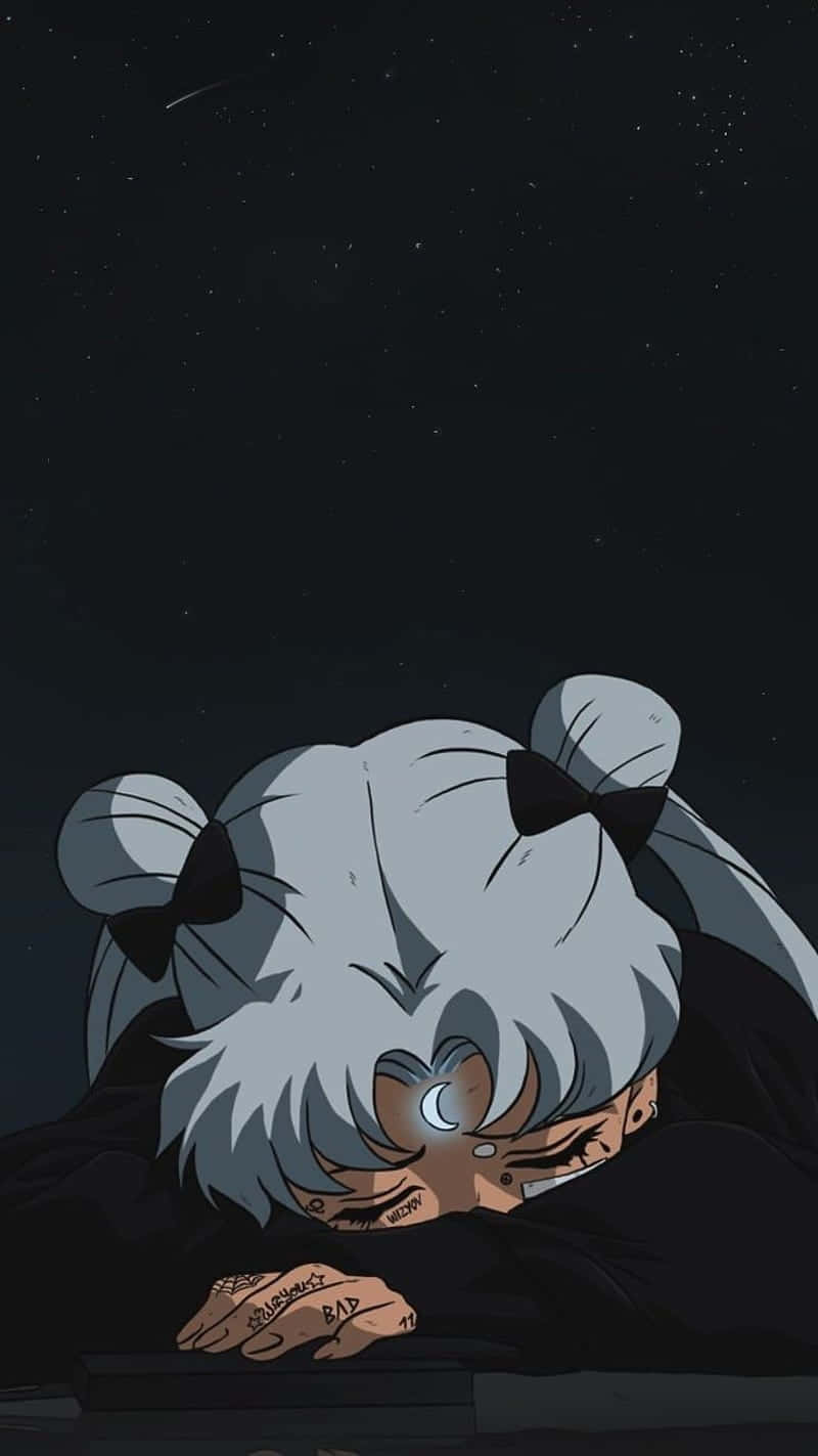 銀髮雙丸子頭的動漫女孩在星空下睡覺。