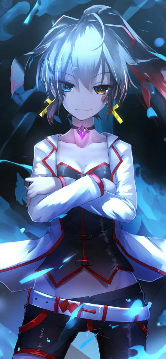銀髮且雙眸顏色不同的動漫少女，身穿發光未來風格服裝。