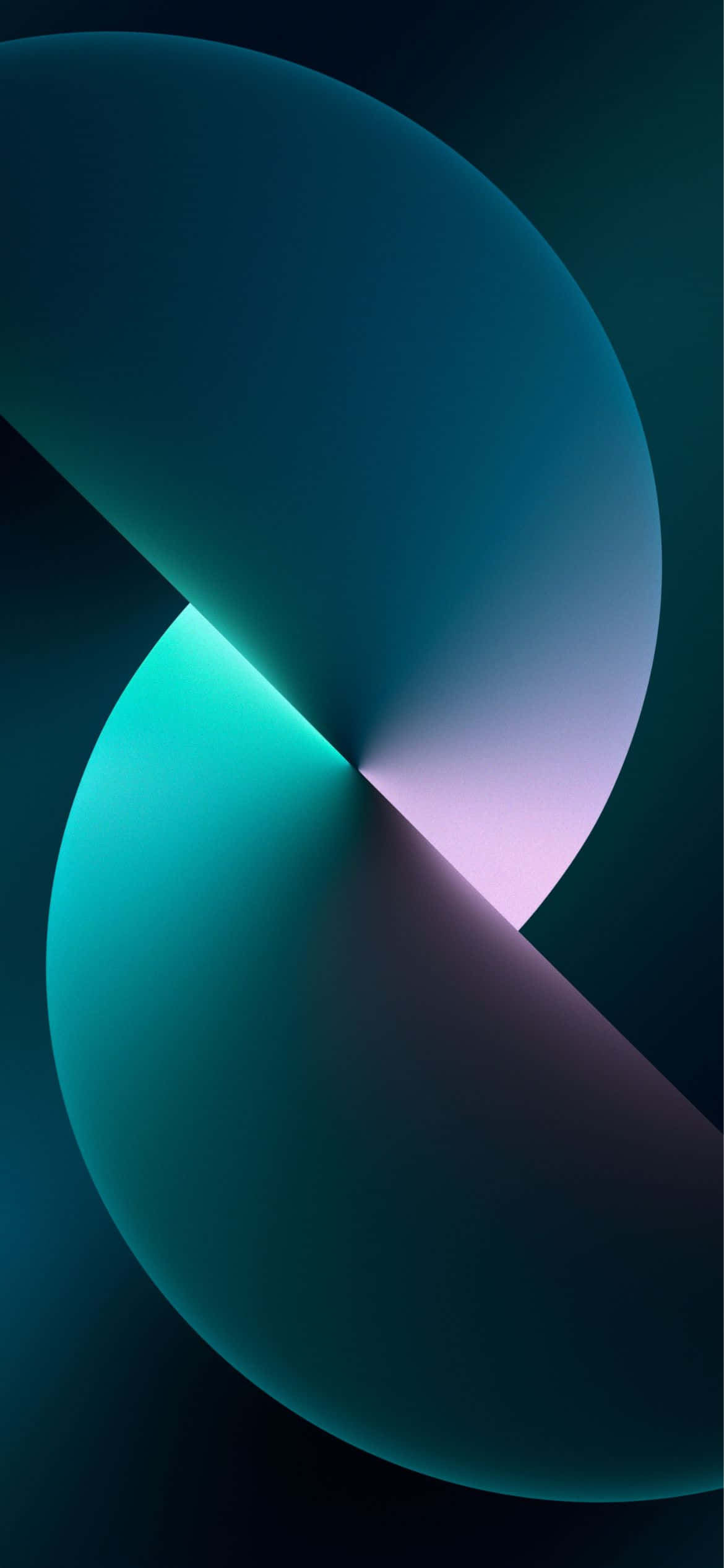 抽象數位藝術作品，在深色背景上呈現發光的青綠色和紫色曲線相交。
