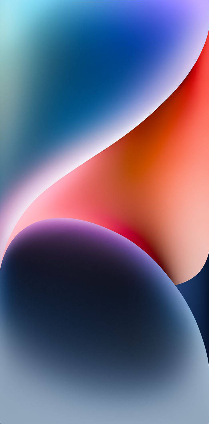 iPhone 14 3D 形狀 壁紙 — 充滿動感的抽象牆紙，帶有藍色、紫色和珊瑚色的流動漸變，形成流暢的彎曲形狀。