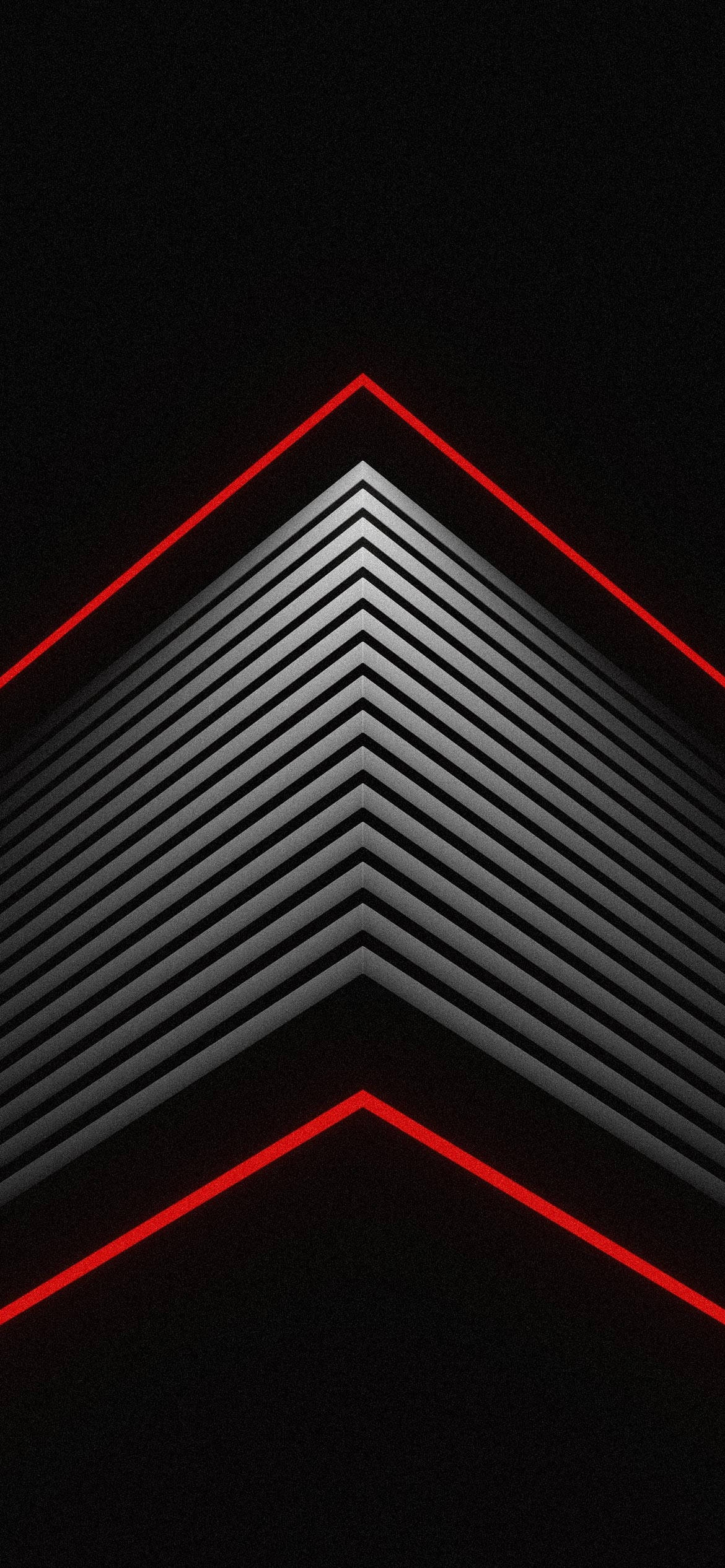 iPhone 14 Pro 黑紅屋頂 壁紙 — 一個引人注目的幾何圖案，由發光的紅色和灰色人字形向中心匯聚，背景為黑色。