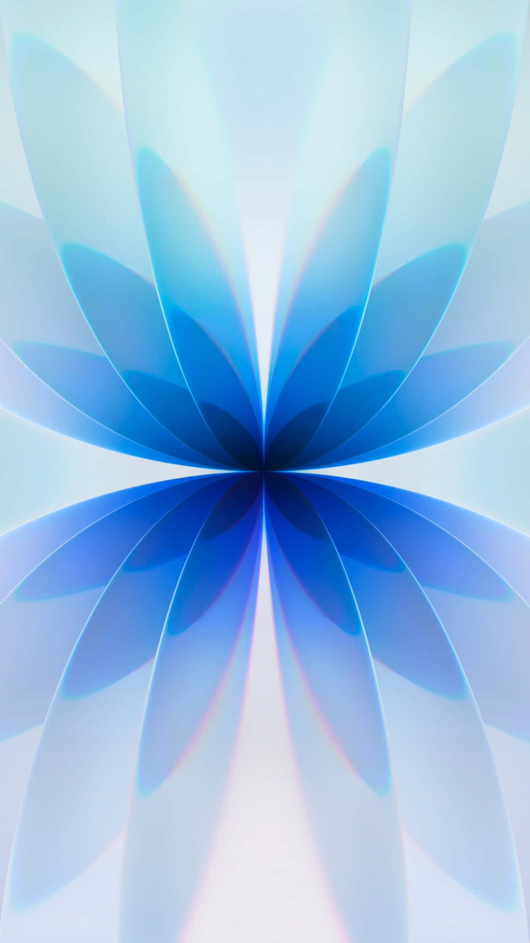 iPhone 17 Pro 壁紙 — 一朵放射性的抽象花朵，帶有層疊的藍色花瓣，從中心點向柔和的漸變背景輻射。