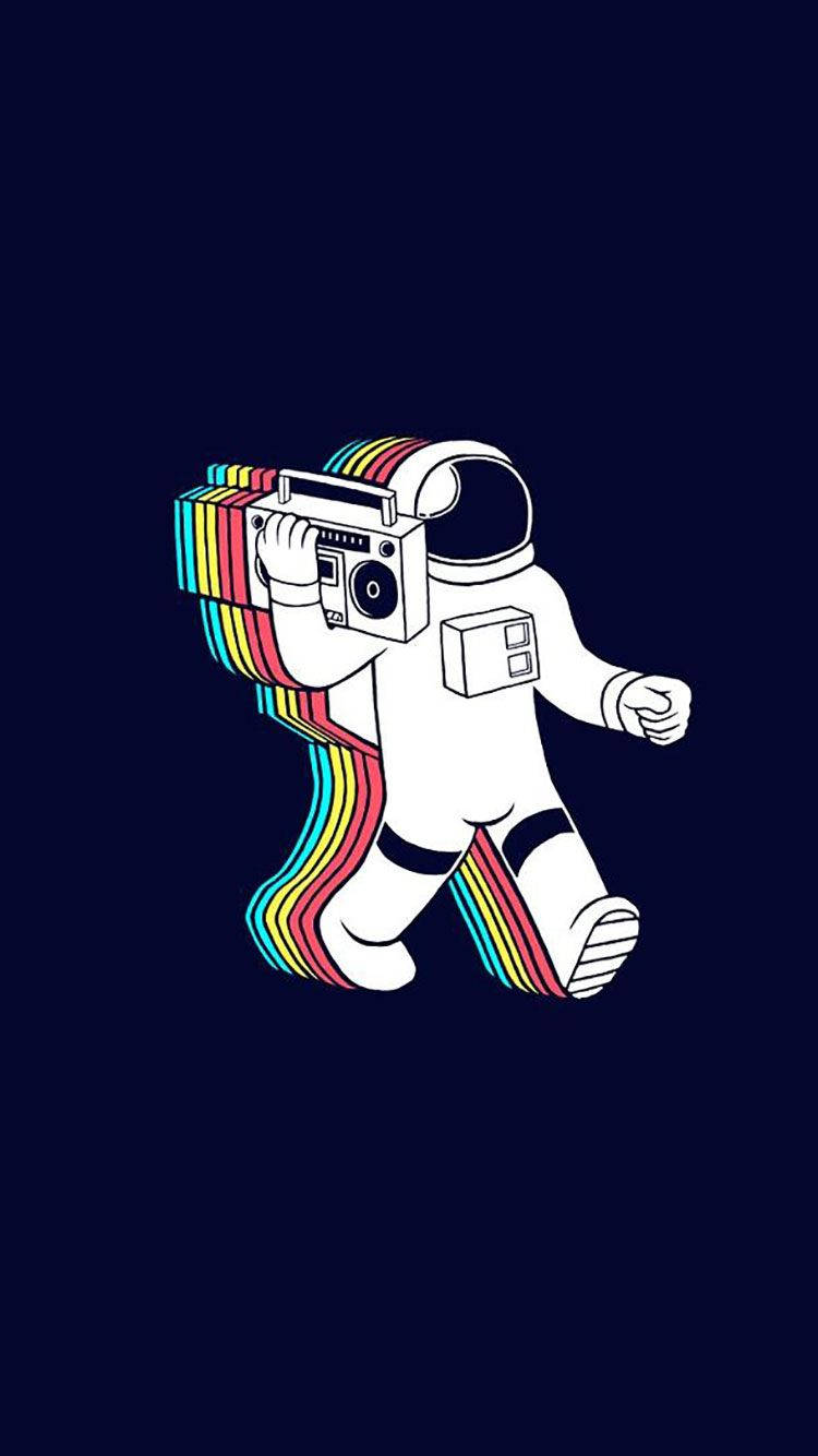 宇航員復古美學 iPhone 壁紙 — 一個白色線條藝術太空人在深藍色背景上行走，身後拖著來自手提音箱的彩虹色聲波。