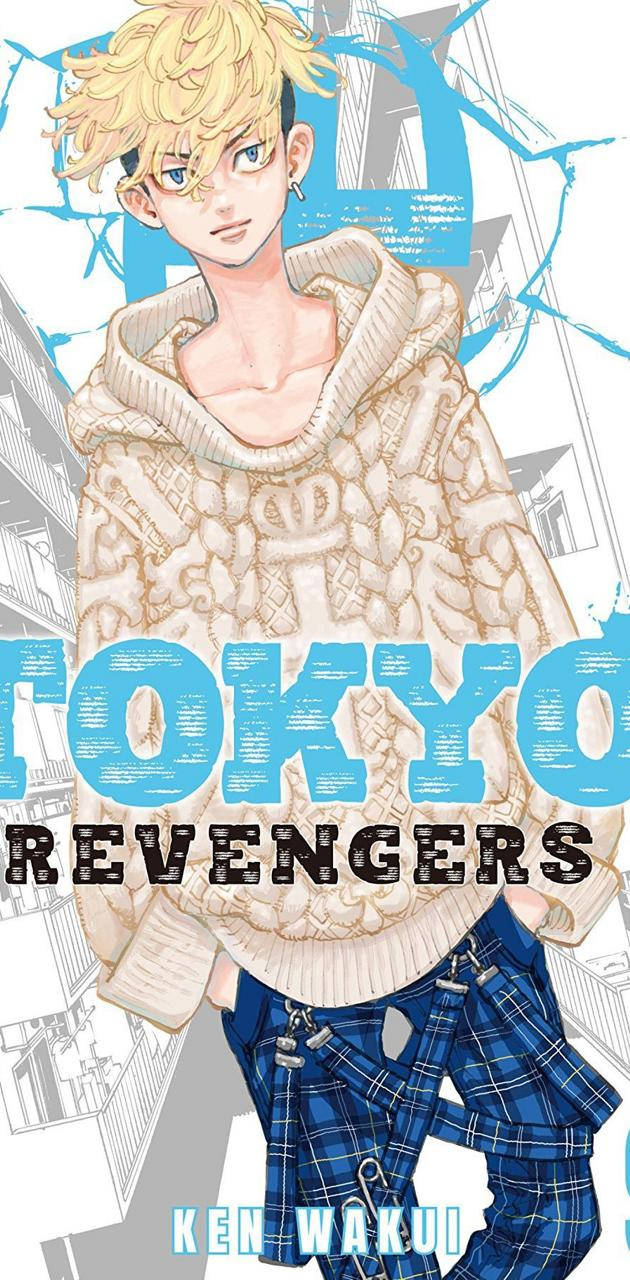 《東京卍復仇者》松野千羽漫畫封面 iPhone 壁紙 — 一位金髮動漫青少年穿著奶油色毛衣和藍色格子褲，自信地站在帶有醒目藍色塗鴉的風格化城市背景前。